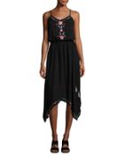 Embroidered Drawstring Midi Dress, Black