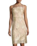 Lace-embroidered Mesh-overlay Dress, Gold