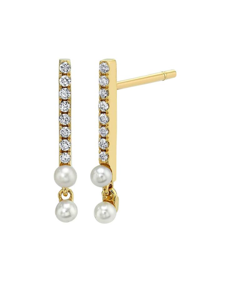 Diamond Bar Stud Earrings With Pearls