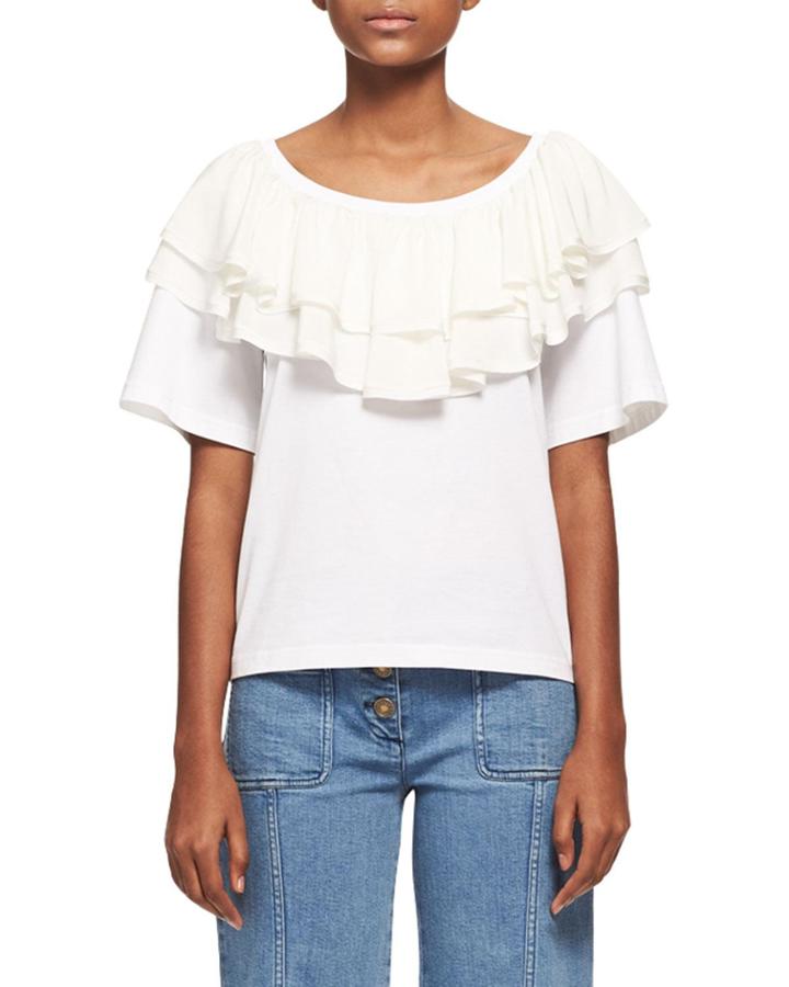 Tiered Ruffle Jersey Tee, White