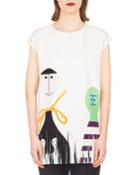 Cap-sleeve Doll-print Crepe Tunic W/ Fringe Hem
