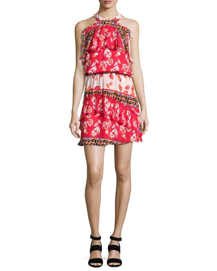 Trisha Popover Floral Silk Mini Dress,