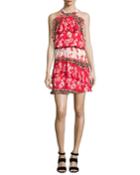 Trisha Popover Floral Silk Mini Dress,