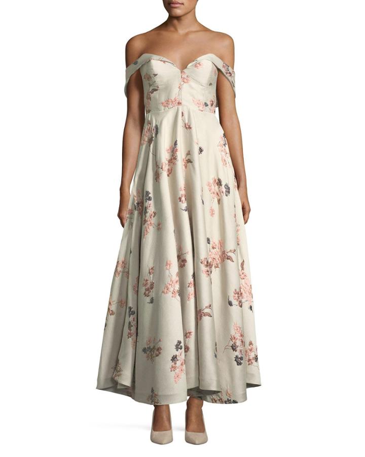 Off-the-shoulder Bustier Floral-jacquard Tea-length Cocktail Dress
