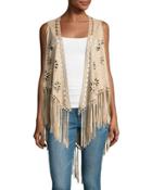 Laser-cut Faux-suede Fringed Vest, Camel