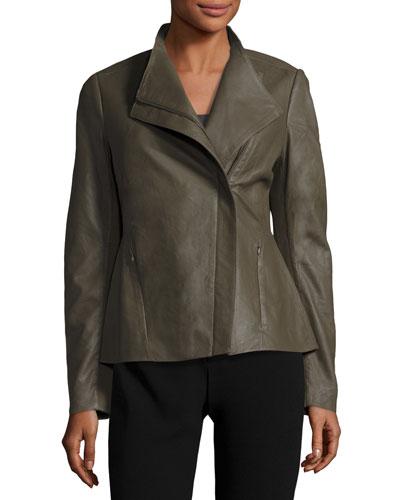 Kelly Leather Asymmetric Jacket, Taupe