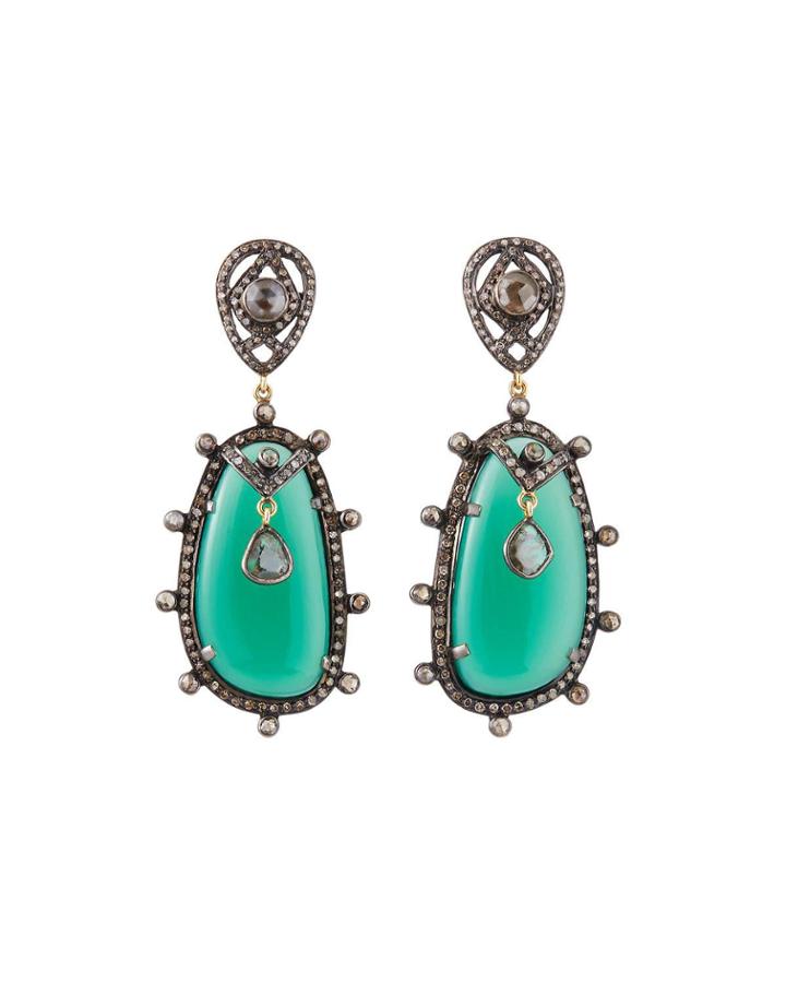 Green Onyx Drop Earrings W/ Diamonds