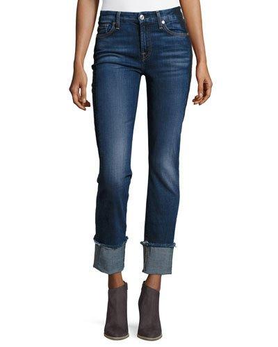Fashion Cuffed Boyfriend Jeans W/raw-edge Hem, Blue