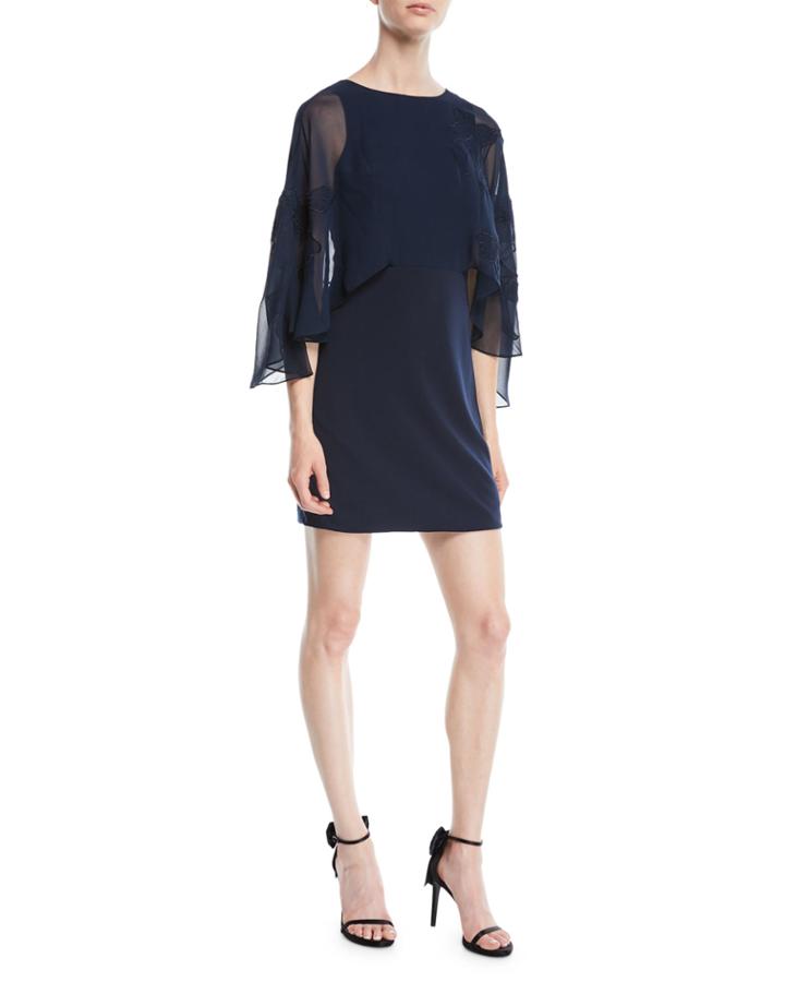 Cape-sleeve Mini Dress W/ Floral Embroidery