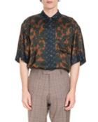 Floral-print Satin Sport Shirt With Geometric Trim