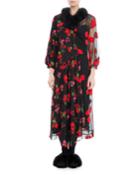 Marabou-trim Floral-embroidered Dress