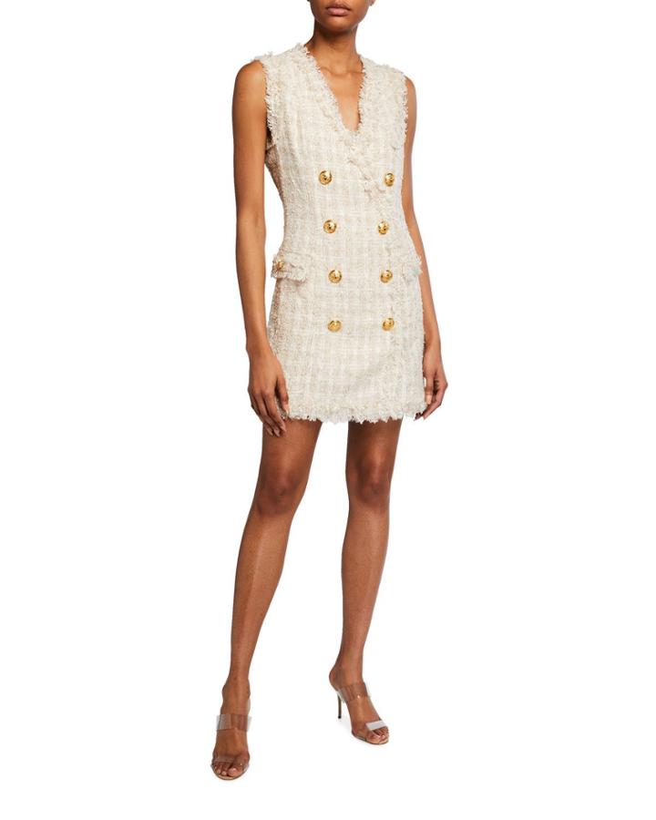 Sleeveless Checkered Tweed Golden Button Dress