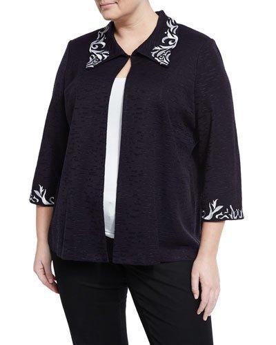 3/4-sleeve Embroidered Knit Jacket, Blue/white,