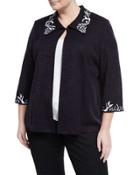 3/4-sleeve Embroidered Knit Jacket, Blue/white,
