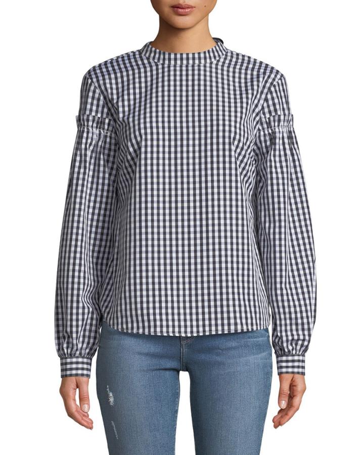 Gingham Balloon-sleeve Tie-back Blouse