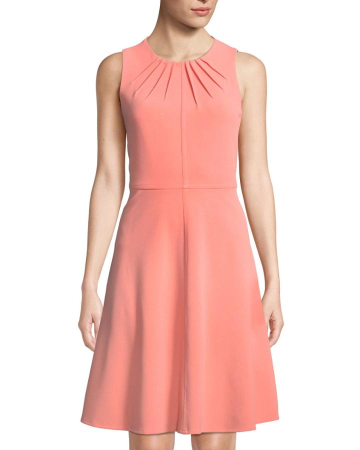 Sleeveless Fit-&-flare Pleat-neck Dress