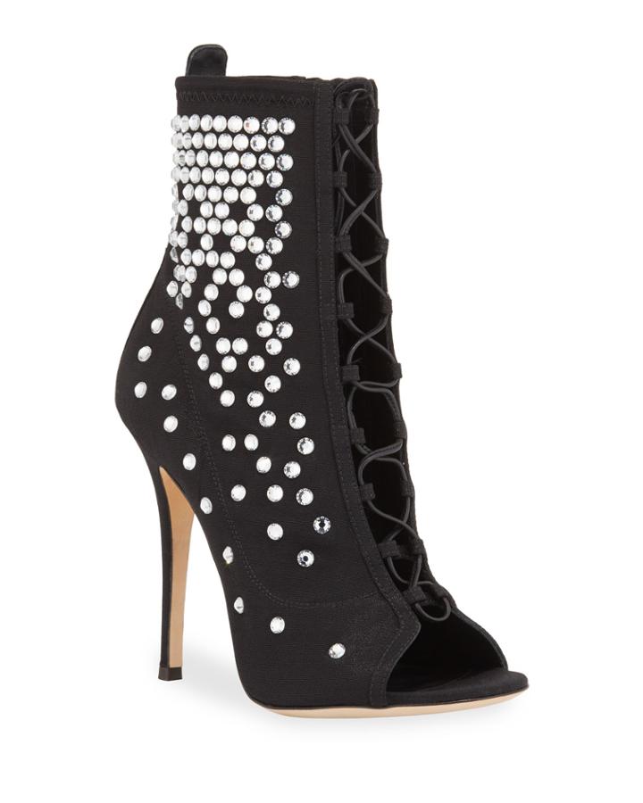 Rhinestone & Suede Peep-toe Stiletto Booties