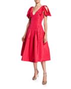 Pleated Fit-and-flare Tie-shoulder Dress