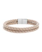 Men's Two-row Braided Leather Bracelet With Stainless Steel Clasp, Beige/silver