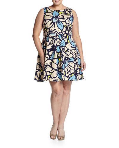 Floral Scuba Fit-&-flare Dress, Blue, Women's
