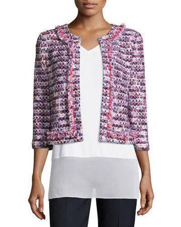 Montserrat Fringe-trim Tweed Jacket, Bianco/multi