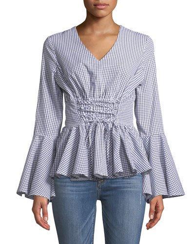 Corseted Grid-print Fit & Flare Top