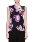 Jewel-neck Tulip-print Shell, Black/light Purple
