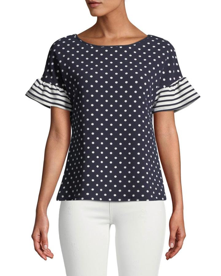 Striped-flutter Sleeve Polka-dot Blouse