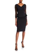 V-neck Sheer-sleeve Piped Double Peplum Dress