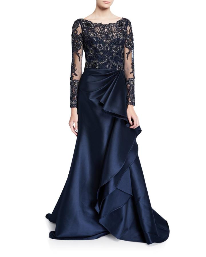 Long-sleeve Lace Illusion Gown W/ Keyhole-back & Mikado Ruffle