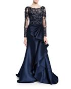 Long-sleeve Lace Illusion Gown W/ Keyhole-back & Mikado Ruffle