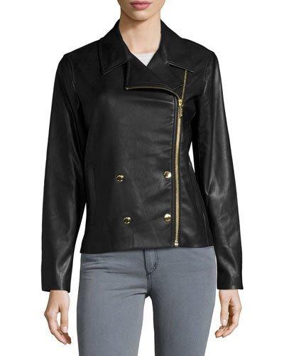 Double-breasted Faux-leather Moto Jacket, Black