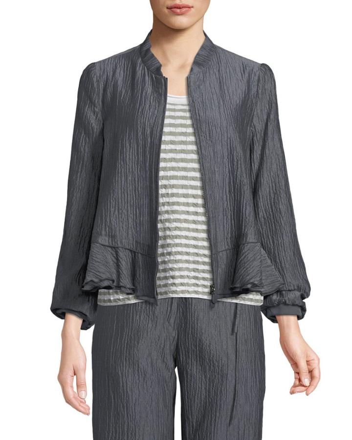 Crinkle-cotton Zip-front Peplum Jacket