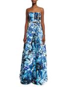 Strapless Floral-print A-line Gown