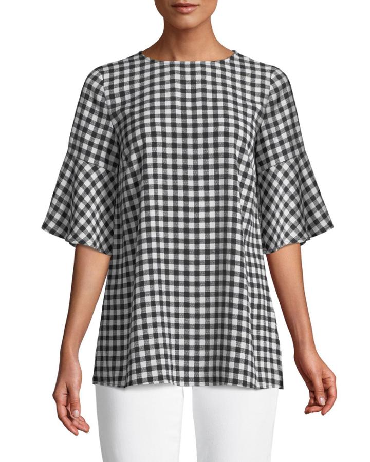 Gingham Flutter-sleeve Blouse