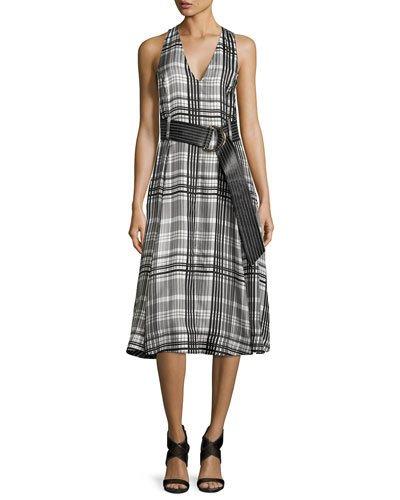 Sleeveless Belted Flared Midi Dress, Black Pattern