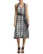Sleeveless Belted Flared Midi Dress, Black Pattern