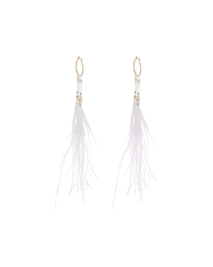 Long Beaded Feather Hoop Earrings