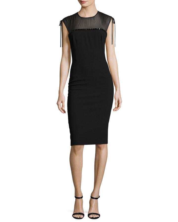 Embroidered Georgette-yoke Sheath Dress, Black