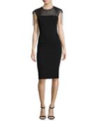 Embroidered Georgette-yoke Sheath Dress, Black