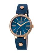 Women's 34mm Stainless Steel 3-hand Glitz Watch With Leather Strap, Rose/blue