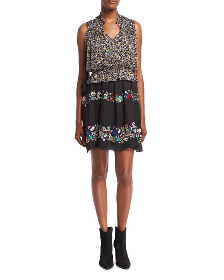 2-in-1 Floral Chiffon Mini Dress, Black