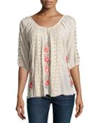 Grace Floral-embroidered 3/4-sleeve Blouse, Ecru