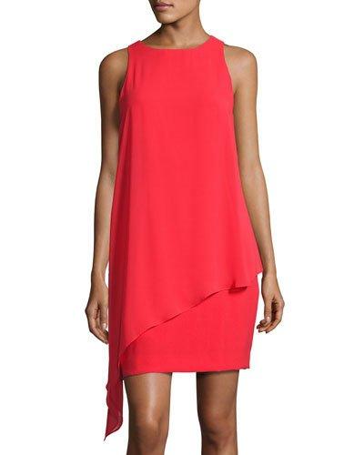Sleeveless Crepe Draped Shift Dress, Crimson