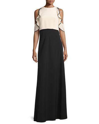 Cold-shoulder Ruffle-trim Gown, Bisque/black