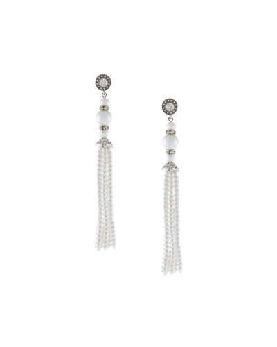 Pearly-beaded Tassel Earrings, White