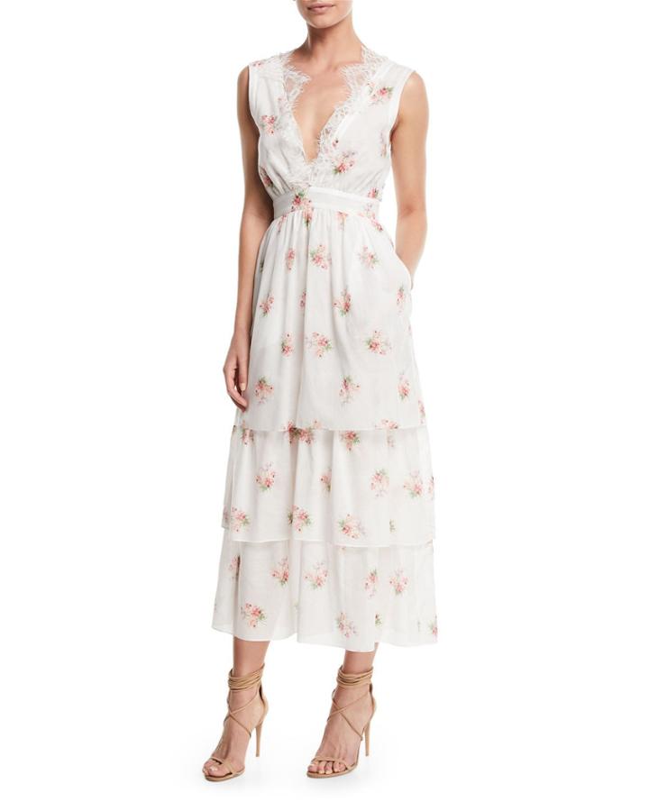 Sleeveless V-neck Floral-print Tiered Dress W/