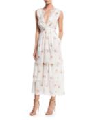 Sleeveless V-neck Floral-print Tiered Dress W/