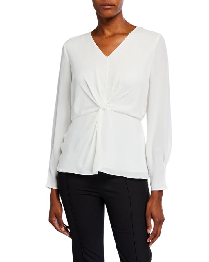 V-neck Twist-front Long-sleeve Blouse