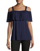 Embroidered-popover Off-the-shoulder Top, Navy